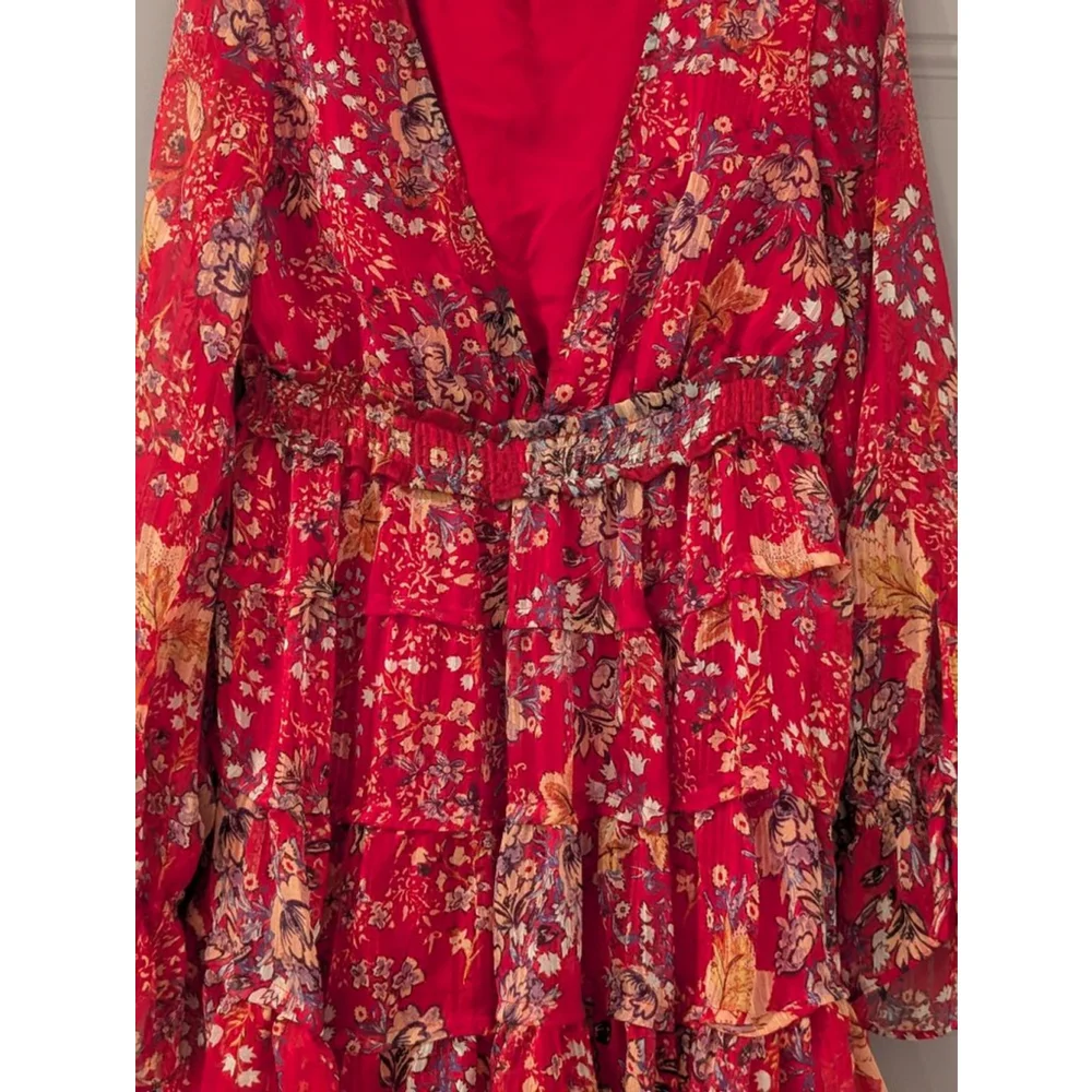 Women's Free People M Red Floral Long Sleeve Ruffle Mini Dress - Picture 2 of 12